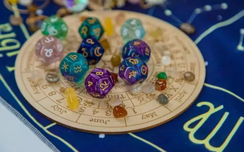 Karty numerologiczne 4 i 11, kości z symbolami zodiaku i kamienie na tle zodiakalnym.