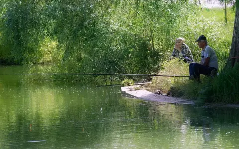 Dwaj wędkarze siedzą nad zieloną wodą, czekając na branie. Jeden z nich, starszy mężczyzna, skupiony na swoim sprzęcie, gotowy do **casting spinning**.