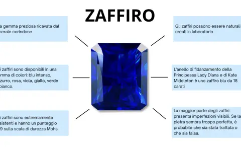 Zaffiro blu intenso, taglio rettangolare, con informazioni sulle sue caratteristiche e un esempio di zaffiro 1 carato dimensioni.
