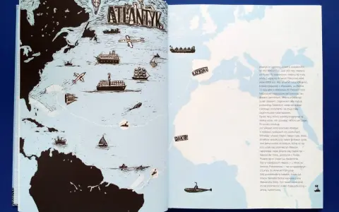 Mapa Atlantyku z trasami podróży: statki, samoloty, żaglowce, łodzie podwodne. Aleksander Doba przepłynął ocean dwukrotnie.