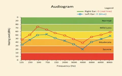 Audiogram montrant la formule décibel pour l'oreille droite (rouge) et gauche (bleu), indiquant différents niveaux de perte auditive.