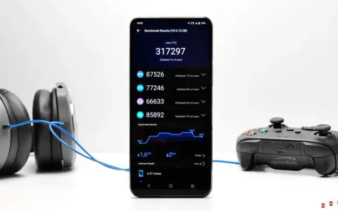 Smartfon Vivo Y72 5G z wynikami benchmarku, słuchawki i kontroler do gier.