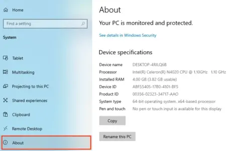 Jak sprawdzić podzespoły komputera? Widok "Informacje" w Ustawieniach Windows pokazuje specyfikacje urządzenia: procesor Intel Celeron, 4 GB RAM.