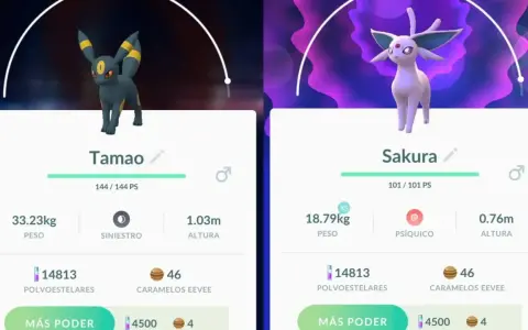 Umbreon y Espeon de Pokémon GO, con sus estadísticas y nombres.