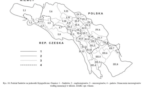 Mapa pokazuje, gdzie są Sudety, podzielone na jednostki fizjograficzne, z granicami państw i regionów.