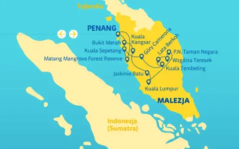 Mapa pokazuje, gdzie leży Malezja, z zaznaczonymi trasami podróży przez Penang, Kuala Lumpur i parki narodowe.