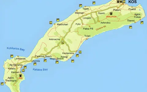 Mapa turystyczna greckiej wyspy Kos z zaznaczonymi miejscowościami, plażami i górami.