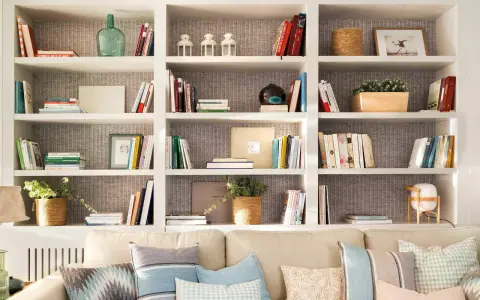 Estanterías blancas llenas de libros, plantas y objetos decorativos. Una idea de **qué poner detrás del sofá** para crear un rincón acogedor y lleno de estilo.