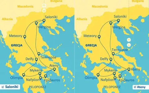 Trasa wycieczki po Grecji, obejmująca Saloniki, Meteory, Delfy, Termopile, Ateny, Mykeny, Epidauros, Nafplion, Olimpię i półwysep Peloponez.