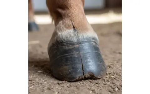 Gros plan sur le sabot noir d'un cheval, montrant une fissure visible. Le poil brun clair du cheval est visible au-dessus du sabot.