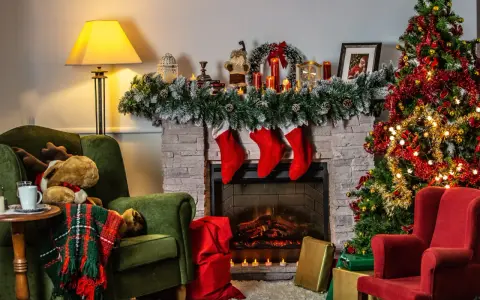 Acogedora sala con chimenea, árbol de Navidad y sillones. Una decoración navideña sostenible que invita a la calidez del hogar.