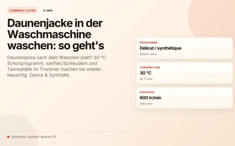 Anleitung: Daunenjacke in der Waschmaschine waschen. Schonprogramm, 30°C, sanftes Schleudern. Tennisbälle im Trockner machen sie wieder bauschig.