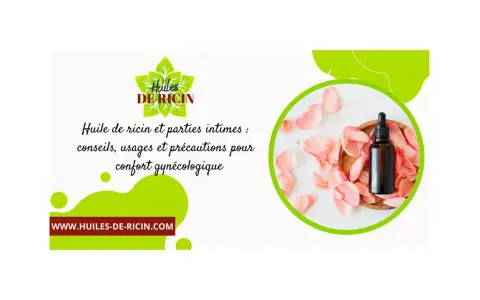 Flacone di olio di ricino su petali di rosa, con testo su consigli e usi per il comfort intimo.