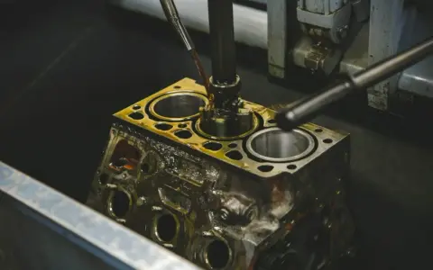 Precyzyjne honowanie cylindra silnika, z płynem chłodzącym wylewającym się na metal.