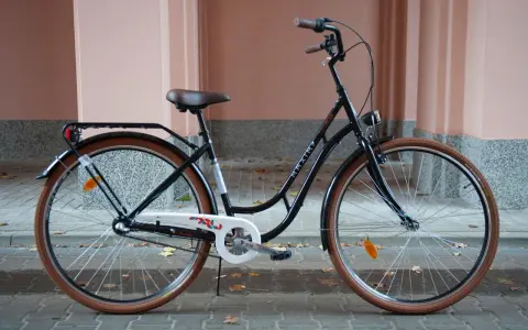 Elegancki, czarny rower do miasta z brązowymi oponami i wygodnym siodełkiem. Idealny na codzienne dojazdy.