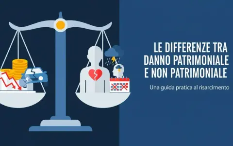 Bilancia che confronta danno patrimoniale (auto distrutta, soldi in calo) e danno non patrimoniale (cuore spezzato, stress, tempo perso).
