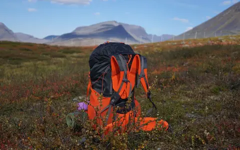En orange och svart vandringsryggsäck står i en fält med höstfärger. Frågan är hur mycket gas vandring kräver för att nå toppen.