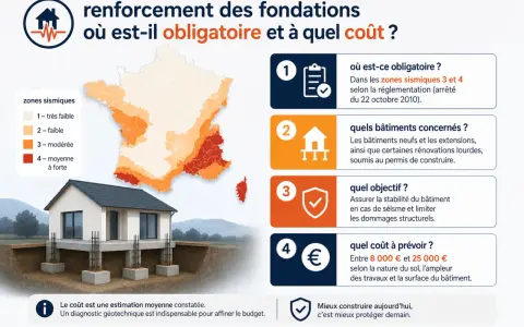 Illustration d'une maison sur fondations renforcées, avec une carte de France des zones sismiques. Le renforcement des fondations est obligatoire dans les zones 3 et 4.