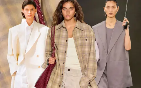 Modelos exhiben atuendos de lujo silencioso: un traje blanco impecable, una camisa a cuadros con bolso de cuero y un traje gris con paraguas.