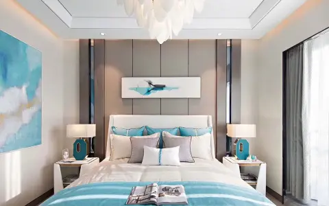 Elegante camera da letto casa al mare con quadri a tema acquatico, biancheria azzurra e lampade moderne.