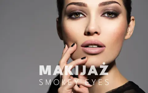 Kobieta z perfekcyjnym makijażem smokey eyes, zmysłowo dotyka ust.