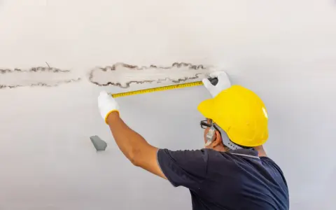 Inspektor mierzy plamy pleśni na suficie w łazience, które przypominają grzyby.