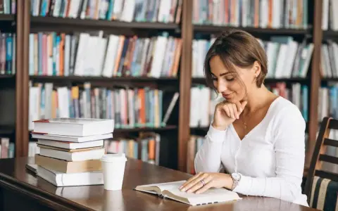 Donna legge in biblioteca, circondata da libri. Il suo studio è un esempio di come l'asindeto, nel significato e negli esempi, arricchisca la narrazione.