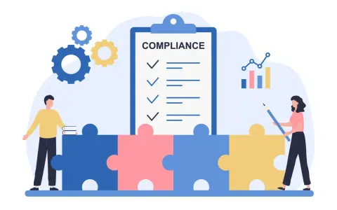 Puzzle pieces form a base for a compliance checklist, gears, and a graph, symbolizing the structured approach to social media compliance.