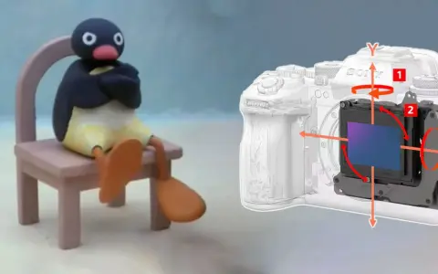 Pingu siedzi na krześle obok aparatu z widocznym mechanizmem optycznej stabilizacji obrazu, który kompensuje ruchy.