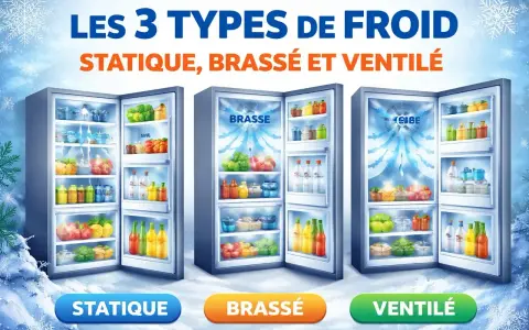 Trois réfrigérateurs illustrent les types de froid : statique, brassé et ventilé. Le froid brassé ou ventilé maintient les aliments frais.
