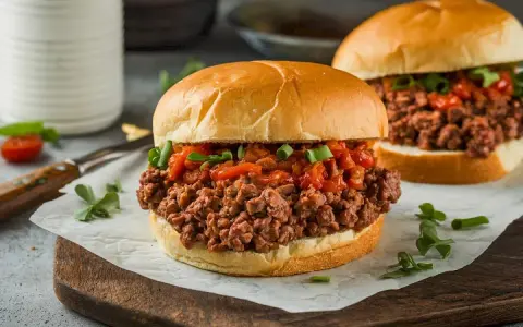 Zwei saftige Sloppy Joes auf einem Holzbrett, garniert mit Frühlingszwiebeln und Tomaten.
