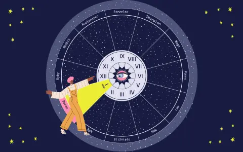 Osoba wskazuje na koło zodiaku, gdzie widnieją domy astrologiczne i znaki.