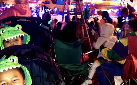 Two kids in dinosaur hoodies watch a vibrant Mardi Gras parade. They're ready for fun at this family-friendly event.