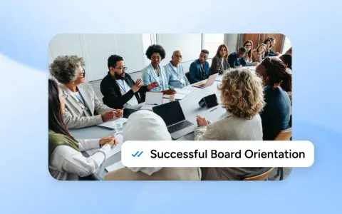 A diverse group of people are seated around a conference table, engaged in discussion during a new board member orientation.