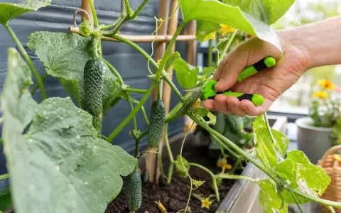 Hand mit Schere schneidet junge Gurken aus, um das Wachstum der Pflanze zu fördern. Gurken ausgeizen für besseren Ertrag.