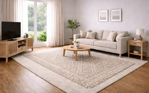 Vardagsrum med soffa, soffbord och TV-bänk. En stor, mönstrad matta ligger ovanpå en större, enfärgad matta.