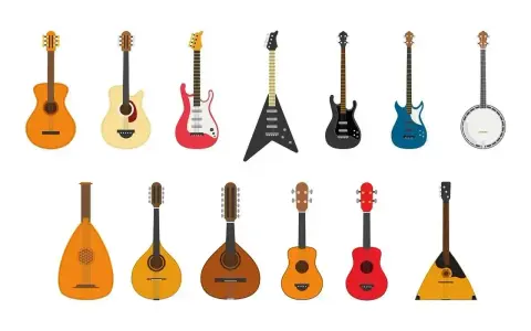 Różnorodne instrumenty strunowe: gitary akustyczne, elektryczne, basowe, banjo, lutnia, mandolina, balalajka.