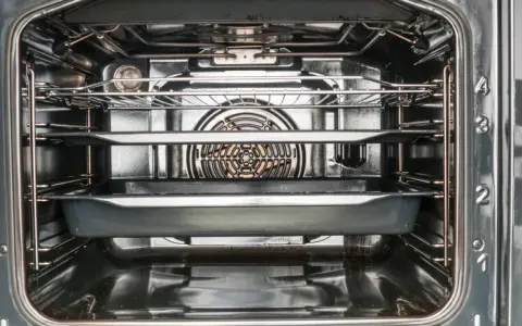 Interior de un horno con rejillas y bandejas, mostrando el ventilador.