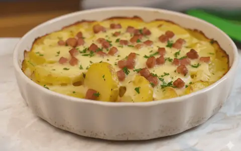 Plat gratiné de pommes de terre, lardons et persil, prêt à déguster. Une délicieuse truffade recette.