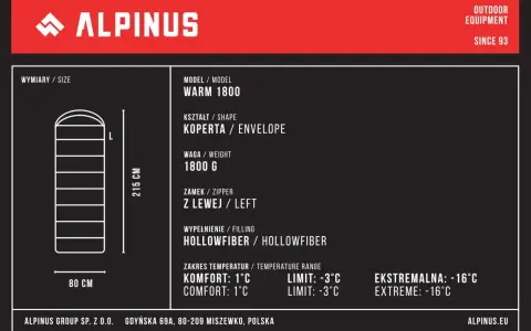 Śpiwór Alpinus Warm 1800, kształt koperty, waga 1800g. Zakres temperatur komfort: 1°C, limit: -3°C. Idealny na chłodne noce.