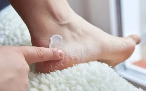 Application d'une crème pour soigner une crevasse au talon, un conseil de podologue pour retrouver des pieds doux.