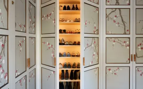 Armario con puertas decoradas con ramas de cerezo en flor. Ideas para decorar tu armario por fuera con un toque artístico y elegante.