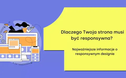 Baner HTML: Kobieta na tle urządzeń, pytanie "Dlaczego Twoja strona musi być responsywna?". Kluczowe informacje o responsywnym designie.