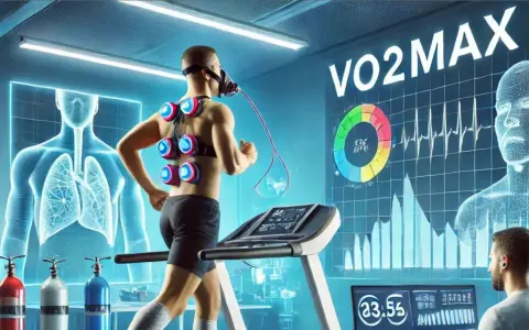 Läufer auf Laufband mit Maske und Sensoren zur Messung des VO2max. Grafiken zeigen Lunge und Herzfrequenz.