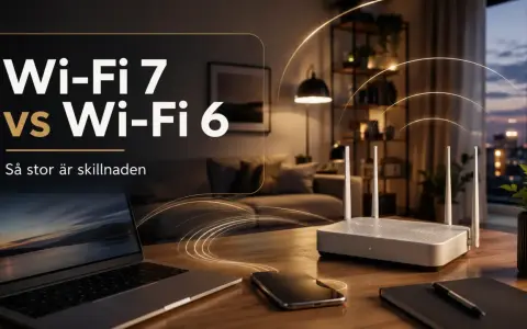 Wi-Fi 7 vs Wi-Fi 6: en jämförelse av trådlös teknik. En router med antenner på ett bord, bredvid en laptop och en mobiltelefon.