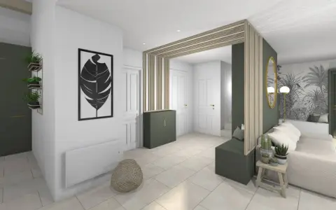 Une entrée accueillante pour créer une entrée dans le salon, avec un banc, une banquette et une décoration murale végétale.