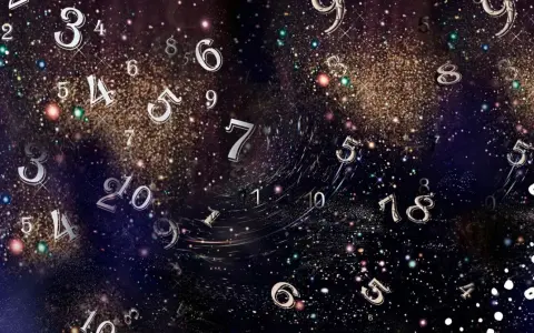 Liczby unoszące się w kosmicznej przestrzeni, sugerujące astrologię lub numerologię.