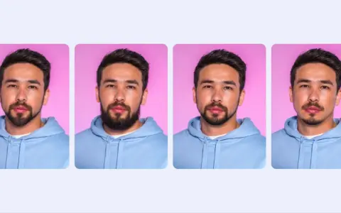 Hombre con diferentes tipos de barba para cara redonda: barba corta, poblada, de chivo y de tres días.
