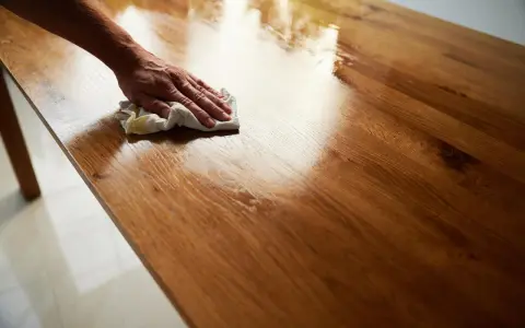 Mano che lucida un tavolo di legno con un panno, mostrando come ravvivare il legno vecchio con un trattamento che ne esalta la venatura.