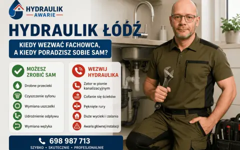 Hydraulik w Łodzi z kluczem w dłoni, obok zlew i instrukcja, kiedy wezwać pomoc, a kiedy naprawić drobne usterki, np. kapiący kran.
